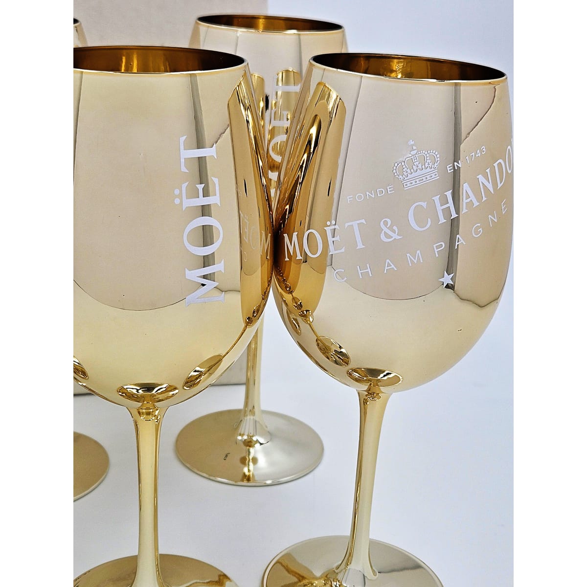 Moet Chandon Barware NOS Gold Crystal Glass Moët & Chandon Wine Water Champagne Goblets IOB
