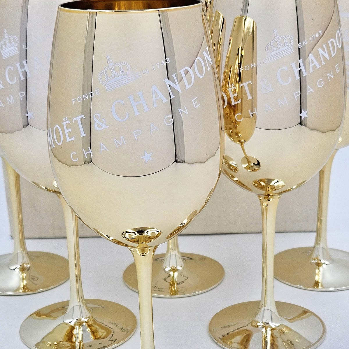 Moet Chandon Barware NOS Gold Crystal Glass Moët & Chandon Wine Water Champagne Goblets IOB