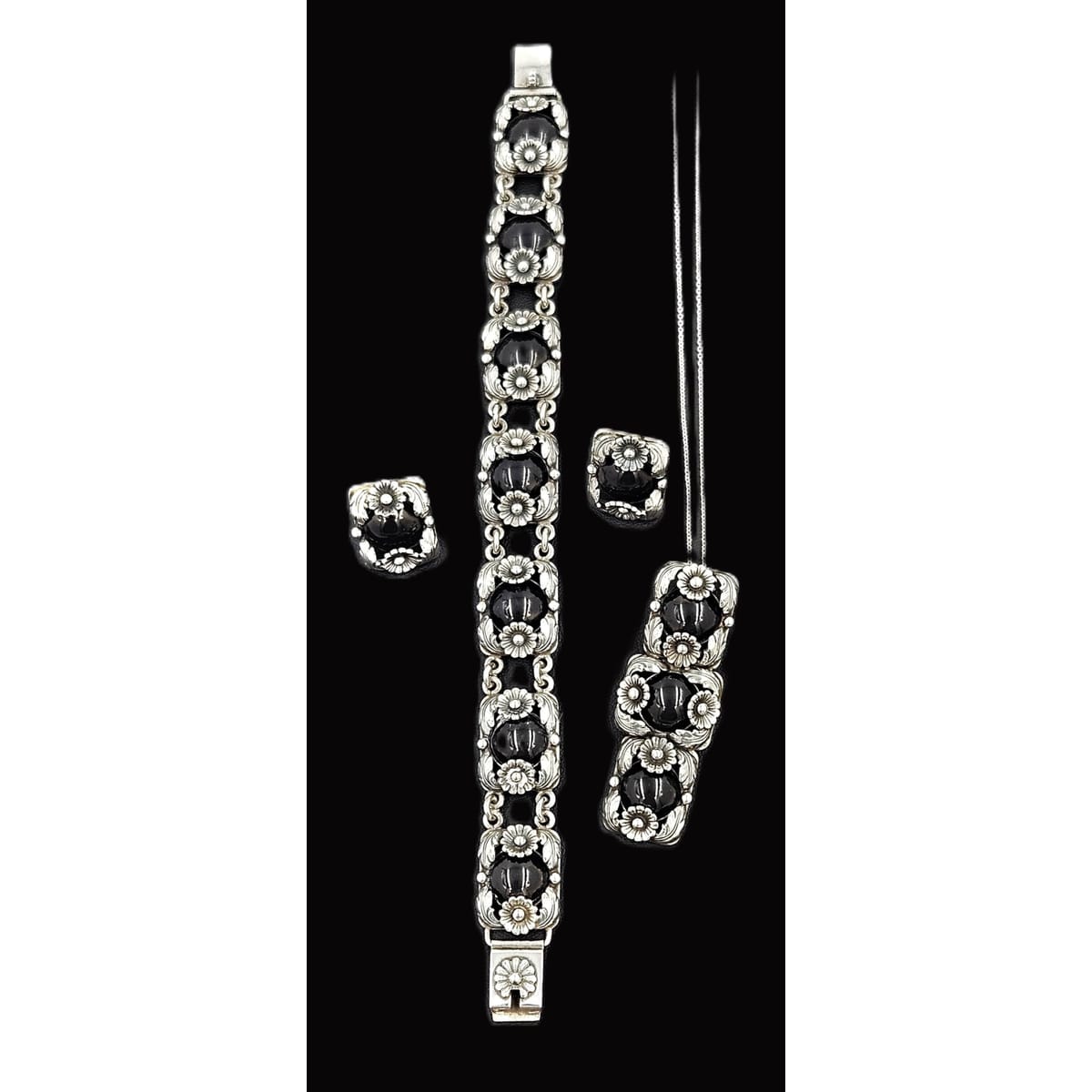 Niels Erik From Jewelry Danish NE From Sterling & Black Onyx Flora Fauna Demi Parure Set C. 1940s