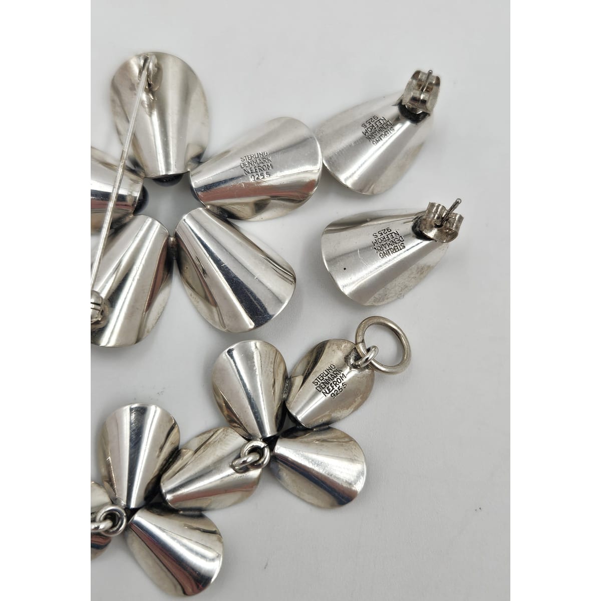 Niels Erik From Jewelry Danish NE From Sterling Modernist Flowers Demi Parure Set C. 1950s