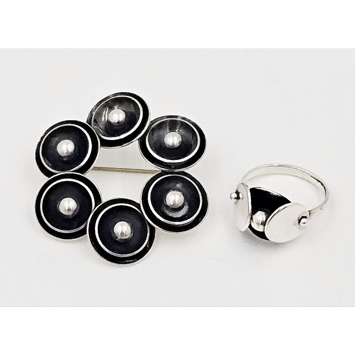Niels Erik From Jewelry Niels Erik From Denmark Sterling 3D Viking Shields Brooch & Ring Circa 1960s