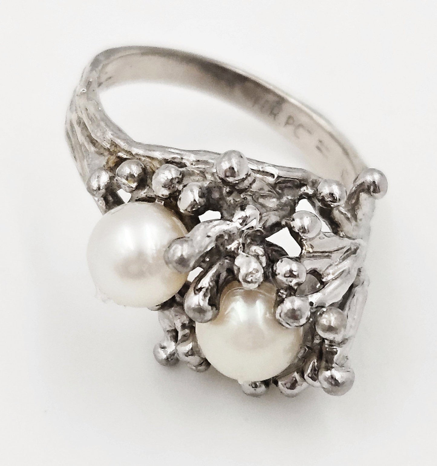 PC Jewelry Vintage Designer PC Sterling Silver & Pearl Brutalist Cocktail Ring