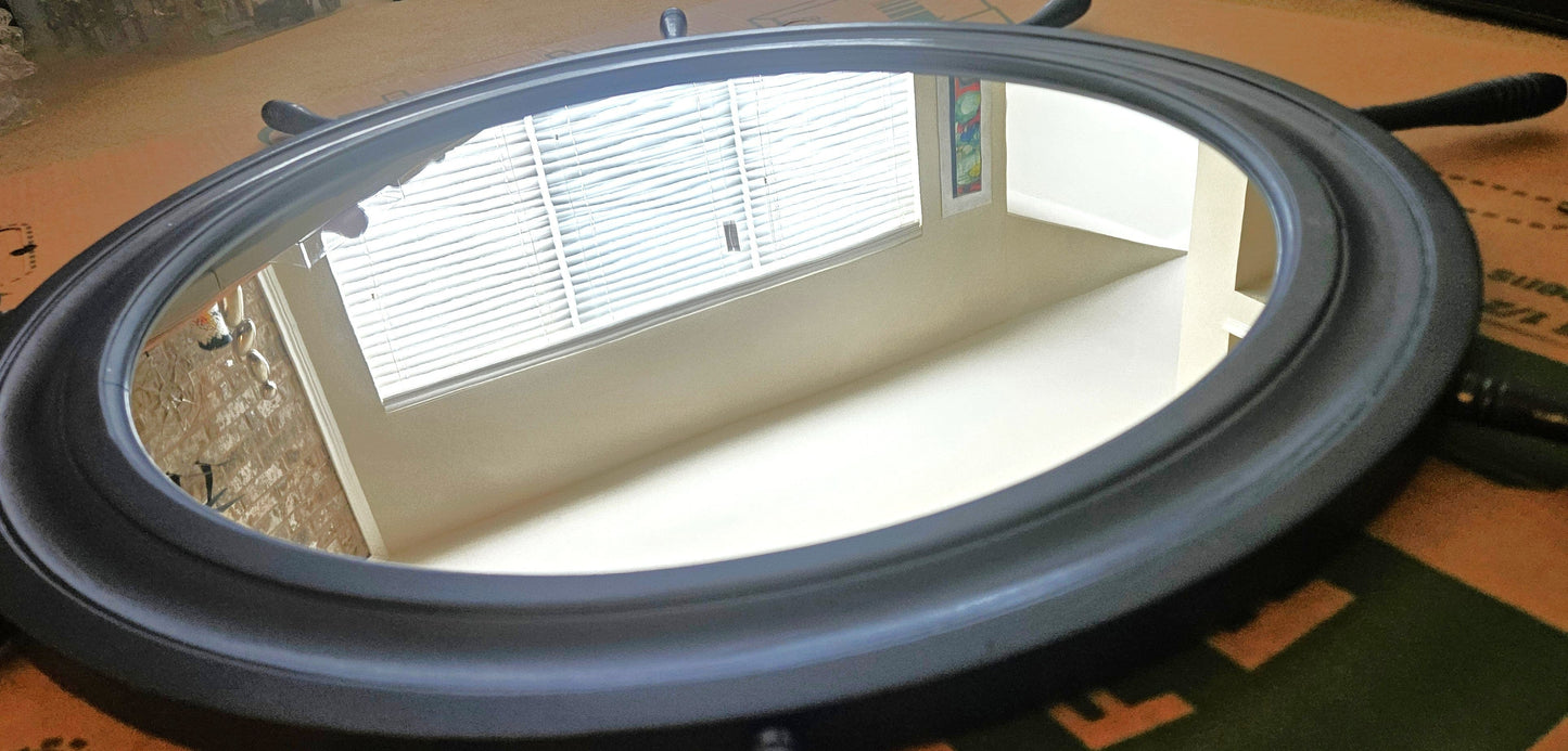 Restored MCM Ship's Wheel Mirror Home Decor Superb Fully Restored Oversized Ship's Wheel Wall Mirror in Deep Navy 1950's