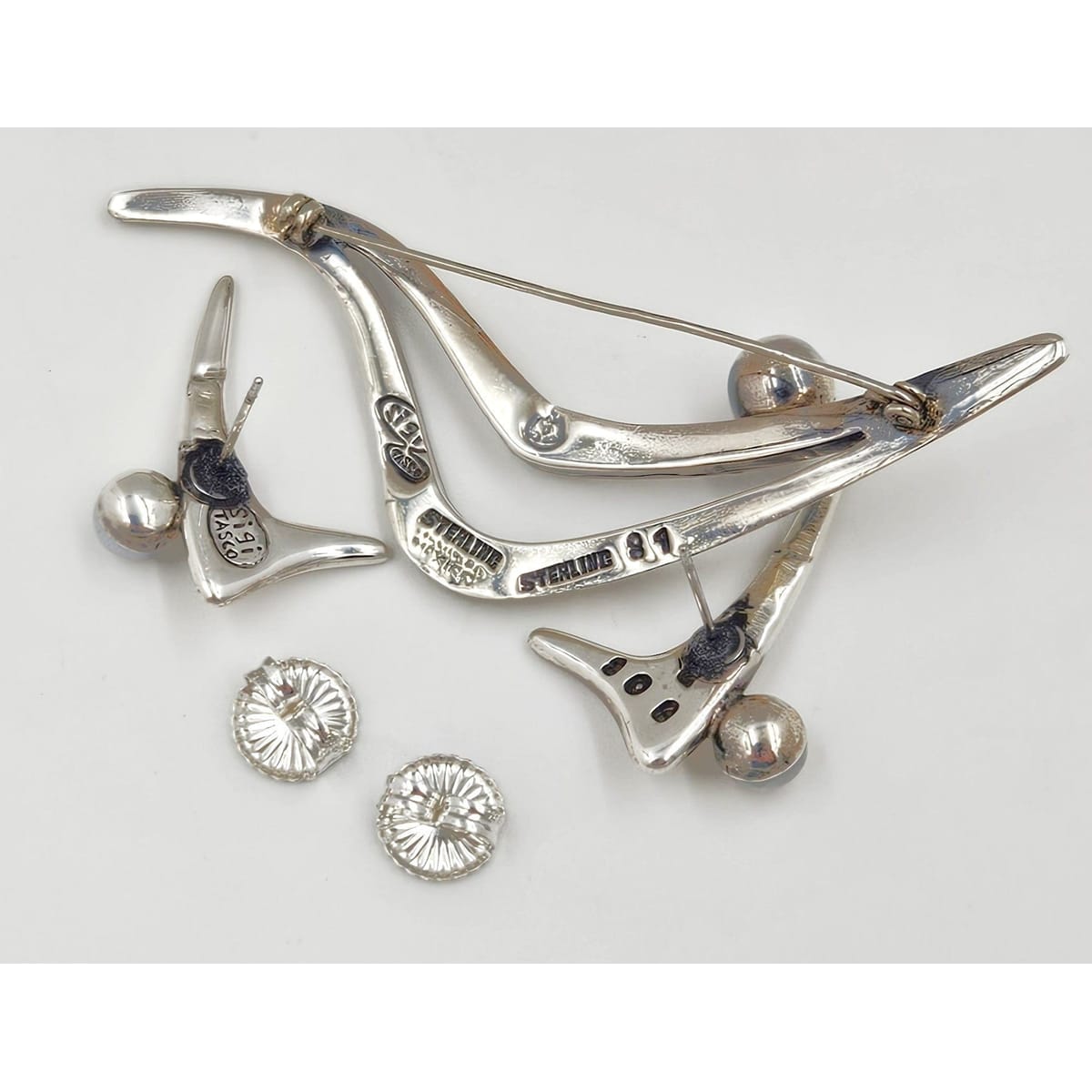 Sigi Tasco Jewelry Superb Sigi Tasco Sterling & Pearl Modernist Demi Parure Set 1940s