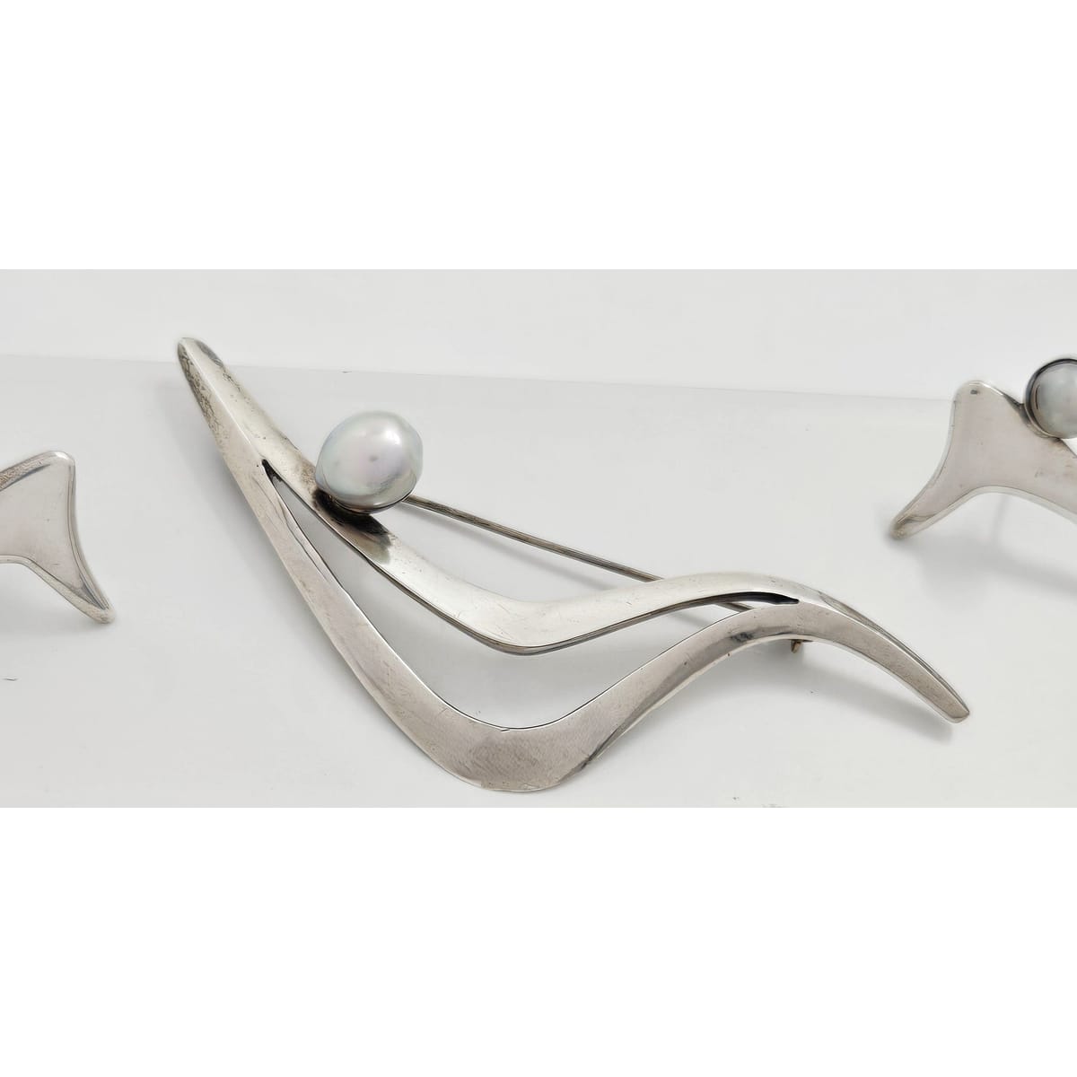 Sigi Tasco Jewelry Superb Sigi Tasco Sterling & Pearl Modernist Demi Parure Set 1940s