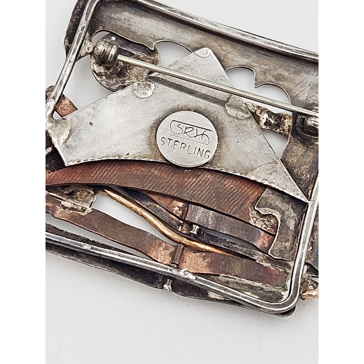 SRH Sterling Jewelry Vintage Artisan Signed SRH Sterling & Mixed Metals Abstract Mod Brooch