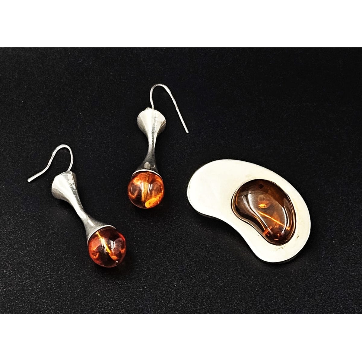 Sterling and Amber Set Jewelry Vintage Scandinavian Sterling & Amber Modernist Brooch & Earrings Set