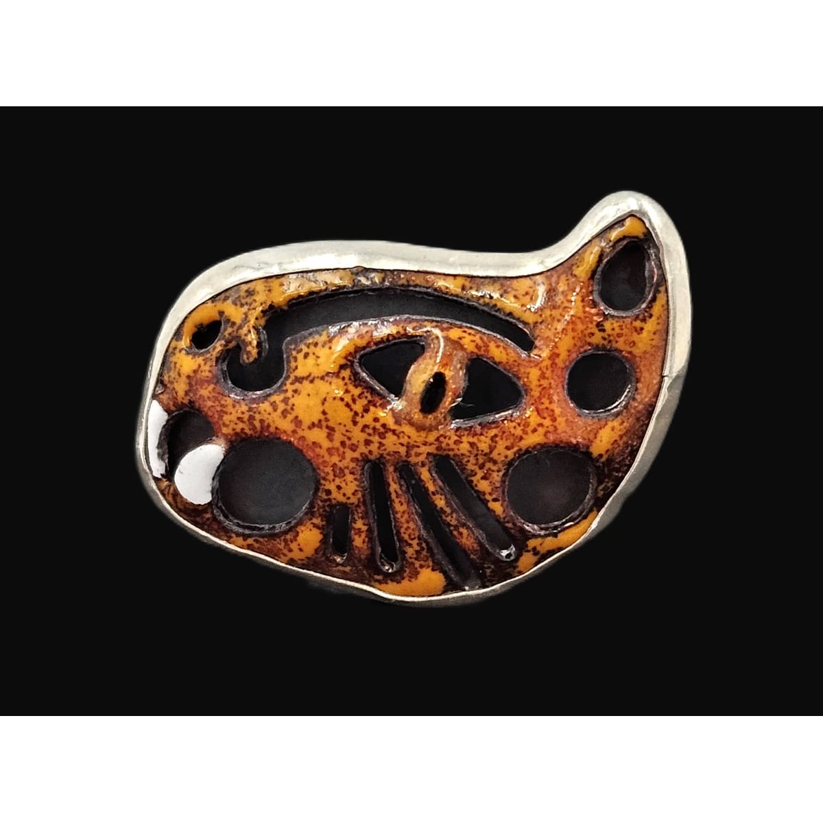 Taxco 925 Ring Jewelry Taxco Sterling & Enamel 3D Abstract Tiger Cat Face Cocktail Ring Signed 1960s