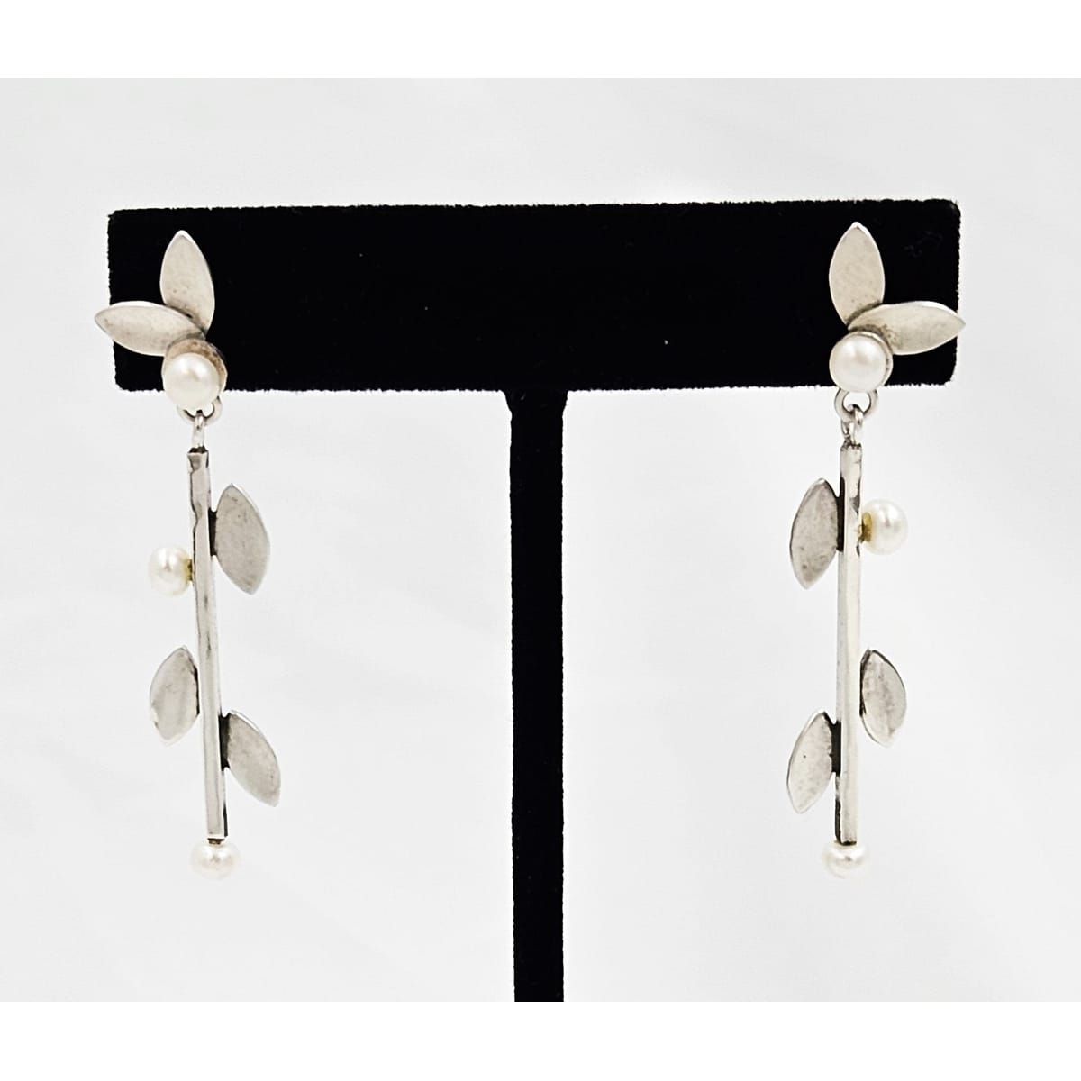 TMCMH Jewelry Artisan Signed Sterling Silver Blister Pearl Modernist Long Drop Earrings