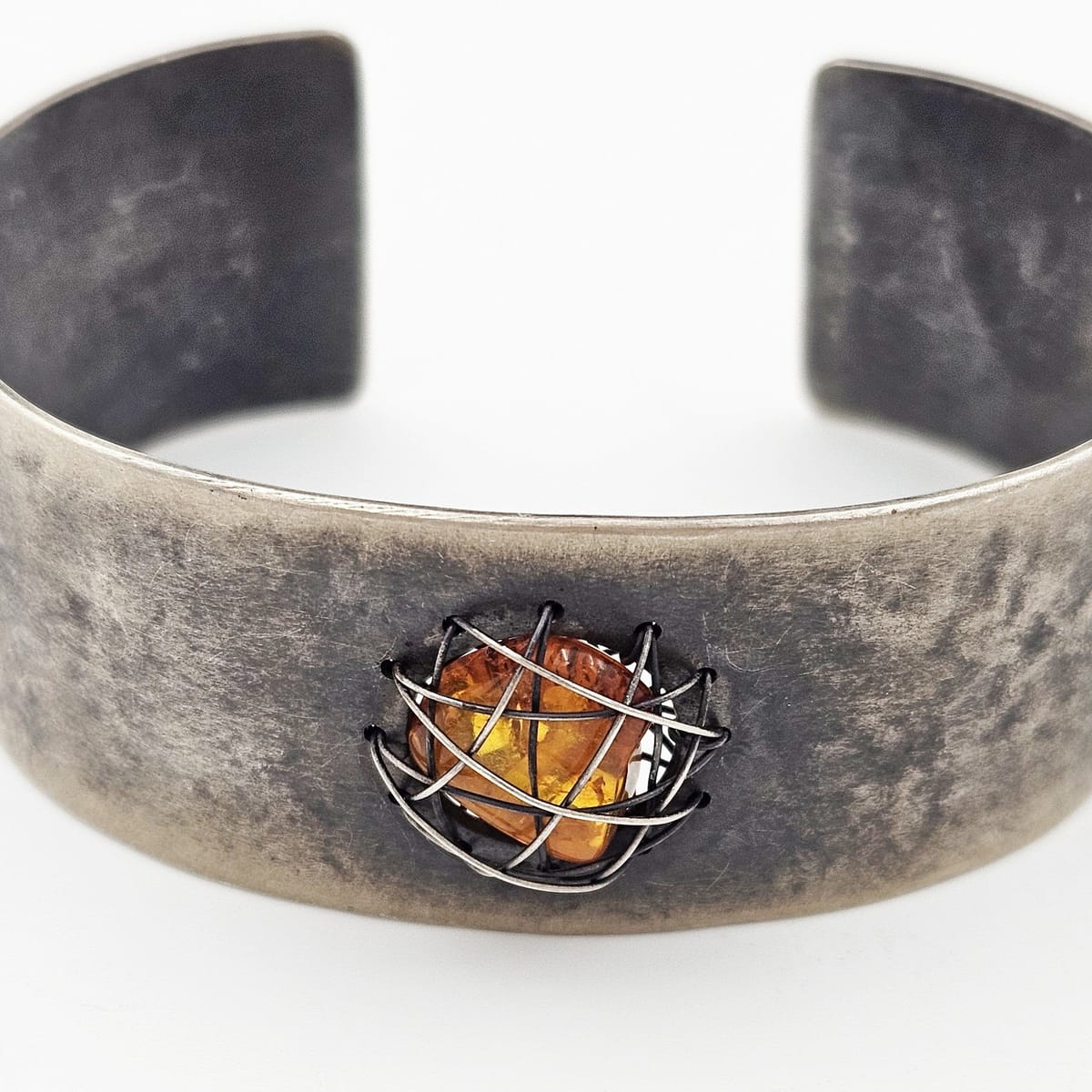 TMCMH Jewelry Sterling & Amber Artisan Signed Modernist Cuff Bracelet