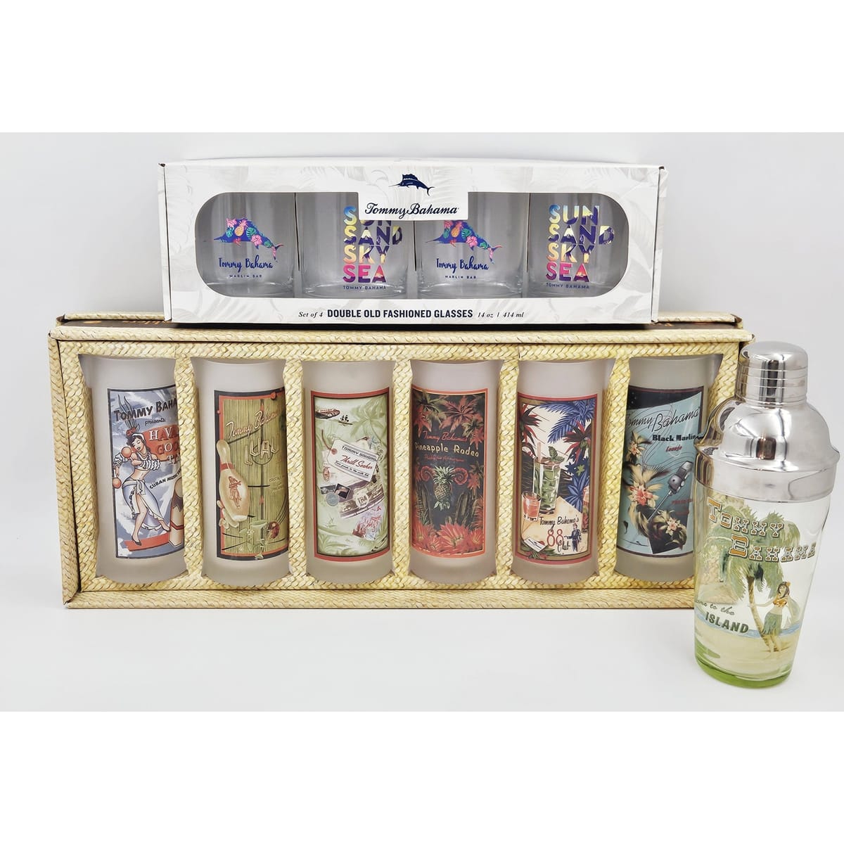 Tommy Bahama Barware NOS Tommy Bahama Boxed Cooler & Whisky Glasses Hula Girl Cocktail Shaker