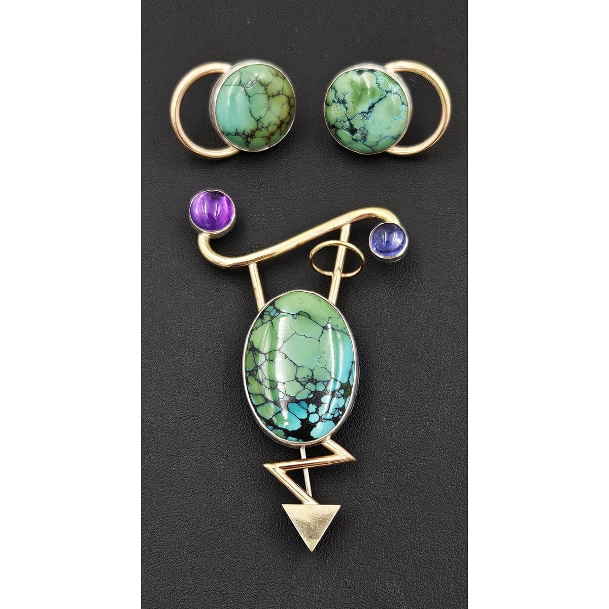 Yumi Ueno Jewelry Designer Yumi Ueno Modernist Sterling 14k Gold Stone Brooch & Earrings Set