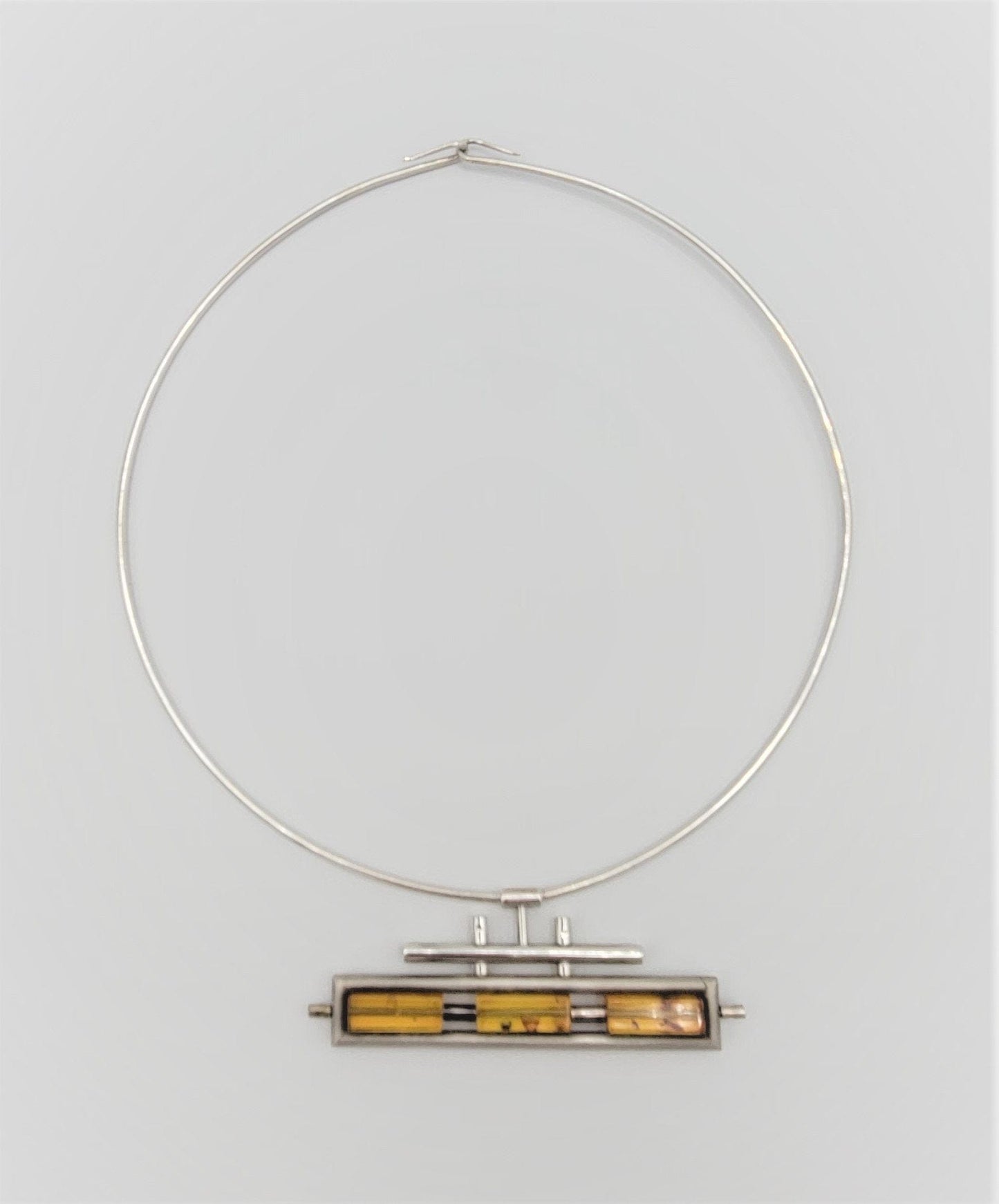 925 Amber Neck Ring Jewelry Vintage Designer Sterling & Amber Abstract Modernist Pendant Neck Ring 1980s