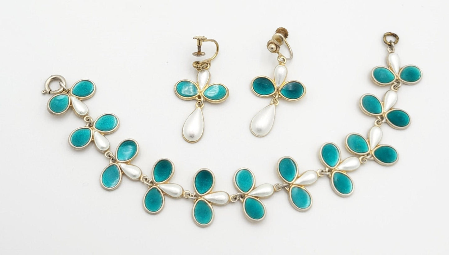 Aksel Holmsen Jewelry Vintage Norwegian Aksel Holmsen Sterling Enamel Bracelet Earrings Demi Parure Set