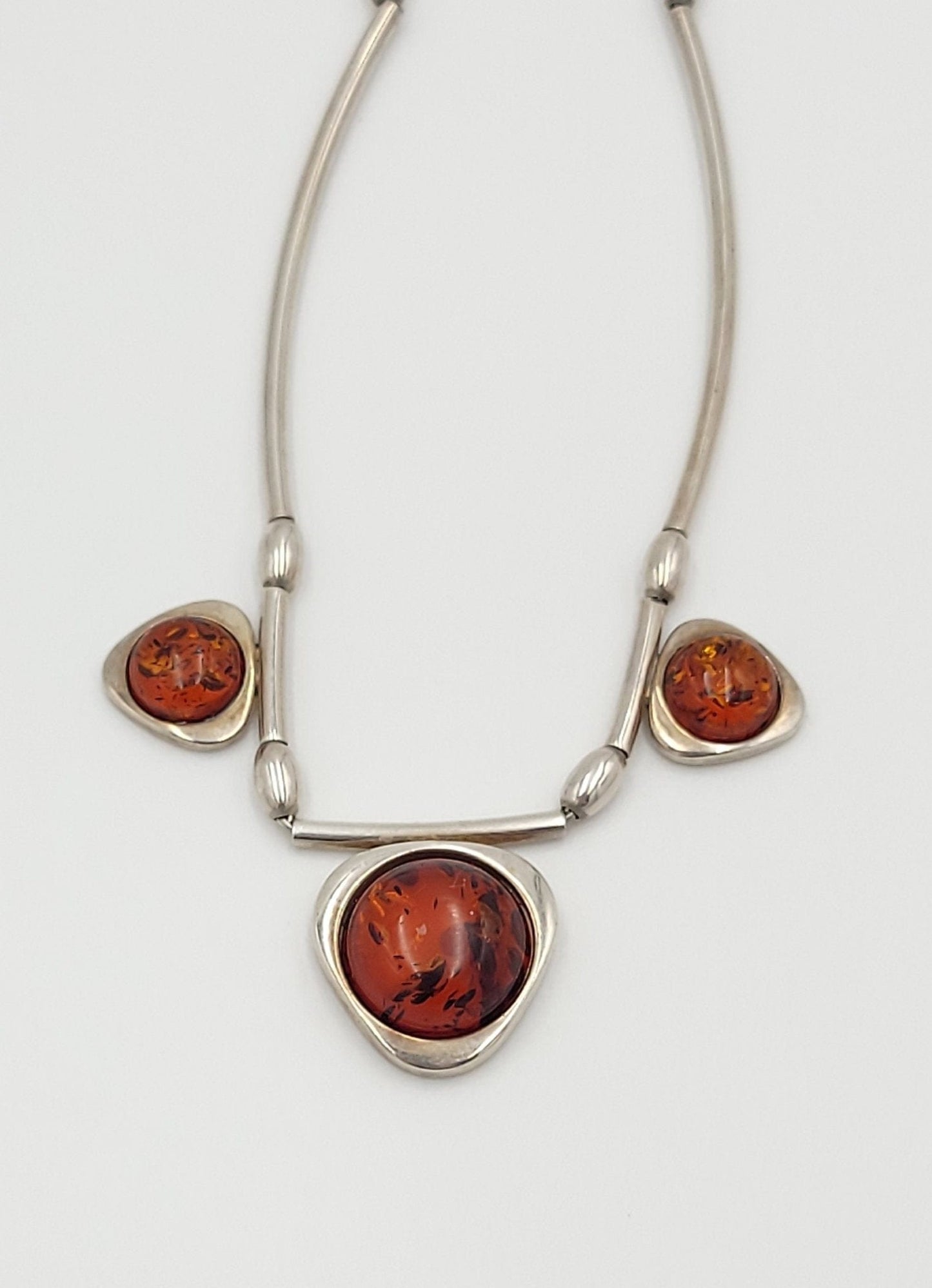 AM Jewelry Vintage Designer AM Sterling Silver & Baltic Amber Modernist 3 Pendant Necklace