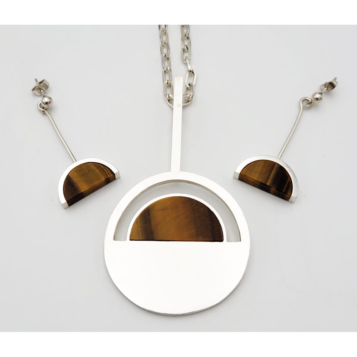 Arne Johansen Jewelry Danish Designer Arne Johansen Modernist Sterling Tigers Eye Necklace Earring Set