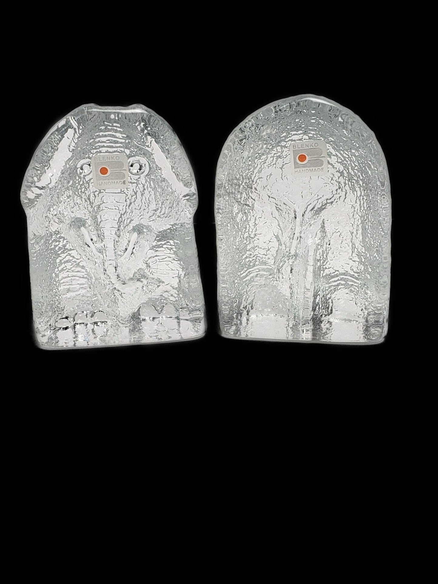 Blenko Bookends Vintage Clear Blenko Glass Clear Elephant Head & Tail Bookend Set Mint Cond