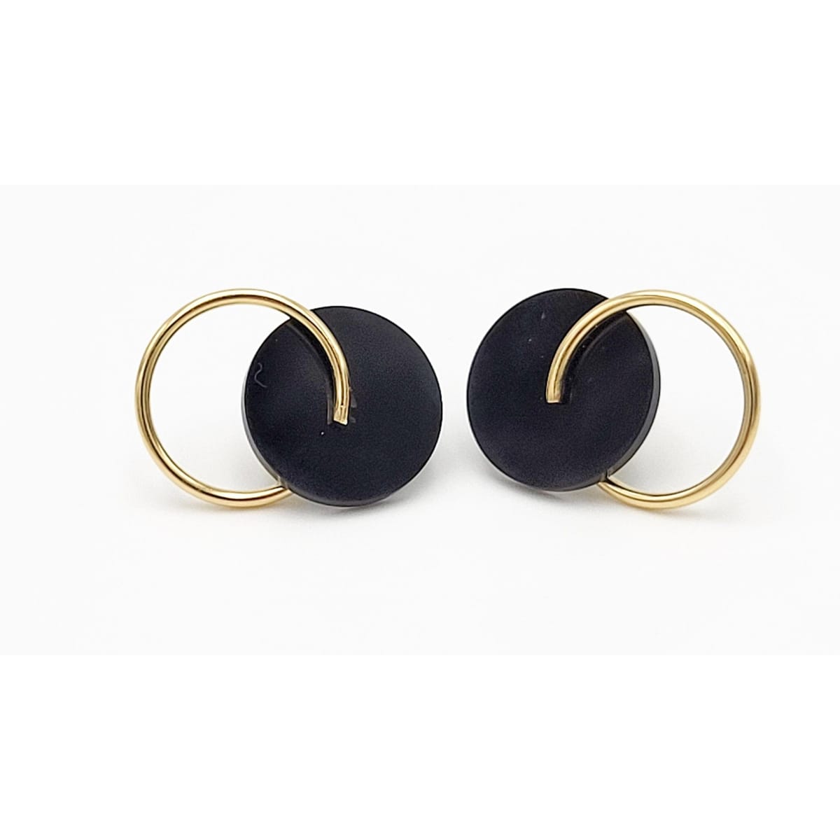 BO 14K Jewelry Designer Signed 14k Gold & Black Lucite Abstract Modernist Earrings Circa 1980&