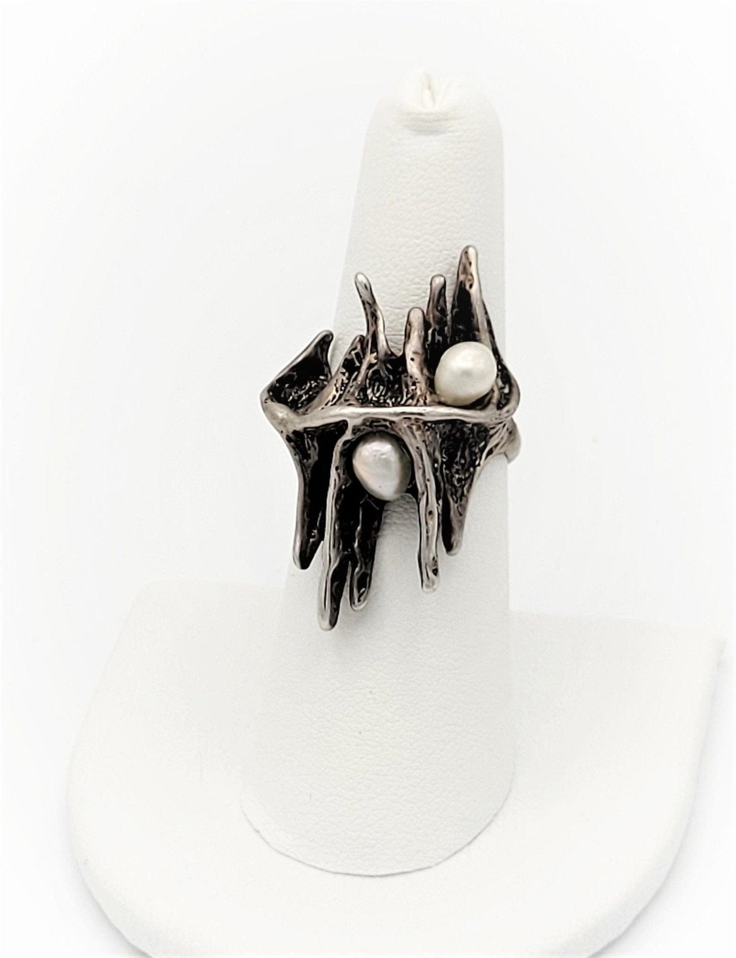 Brutalist Sterling Ring Jewelry Vintage Sterling Silver Modernist Abstract Brutalist Style Ring with 2 Accent Pearls