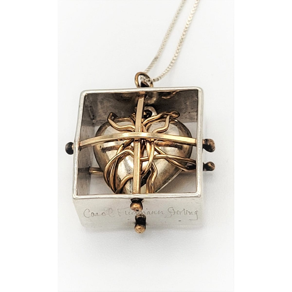 Carol Fugmann Jewelry Superb 925 & 14kt Gold MODERNIST Lockbox Heart Carol Fugmann Signed Pendant