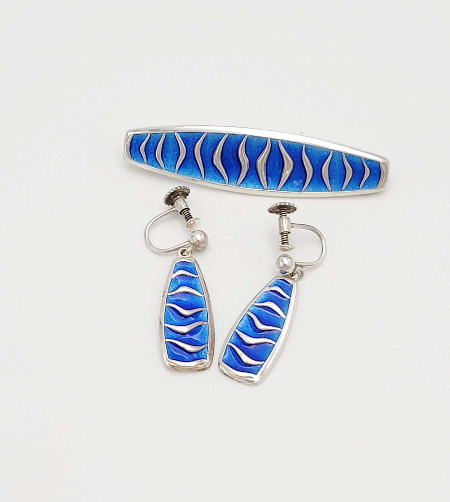 David Andersen Jewelry David Andersen Norway Sterling & Blue Enamel Wavy Brooch & Earrings Set 1960s
