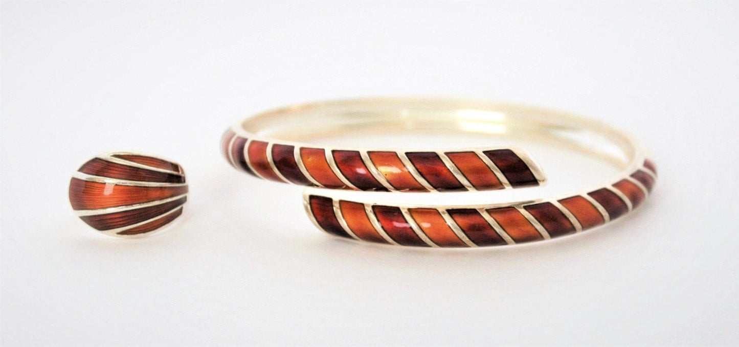 David Andersen Jewelry VNTG David Andersen Norway 925 Sterling Red/Orange Enamel Bracelet Ring Set