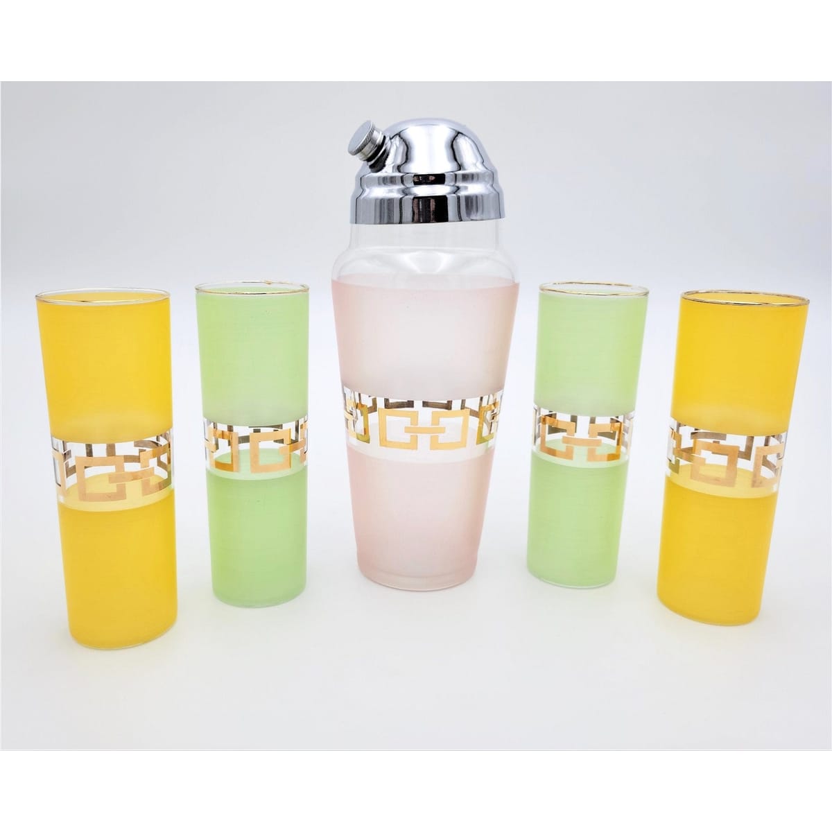 Derby Shelton Barware Rare Derby Shelton Silver 22kt Greek Key Oversized Shaker & Frosted Glass Set 50s