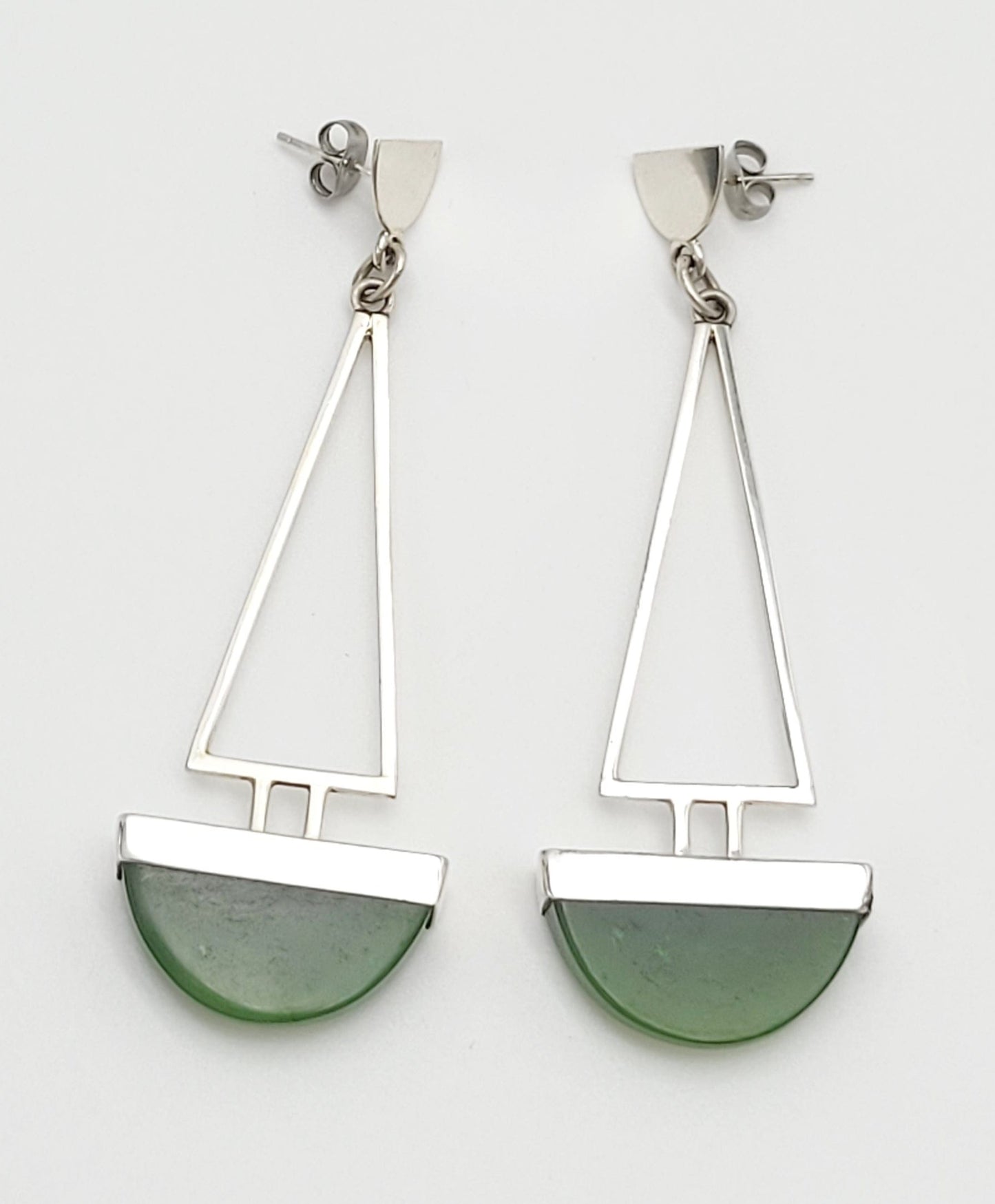 Designer Earrings Jewelry Vintage Sterling Silver & Jade Designer Modernist Long Dangle Earrings