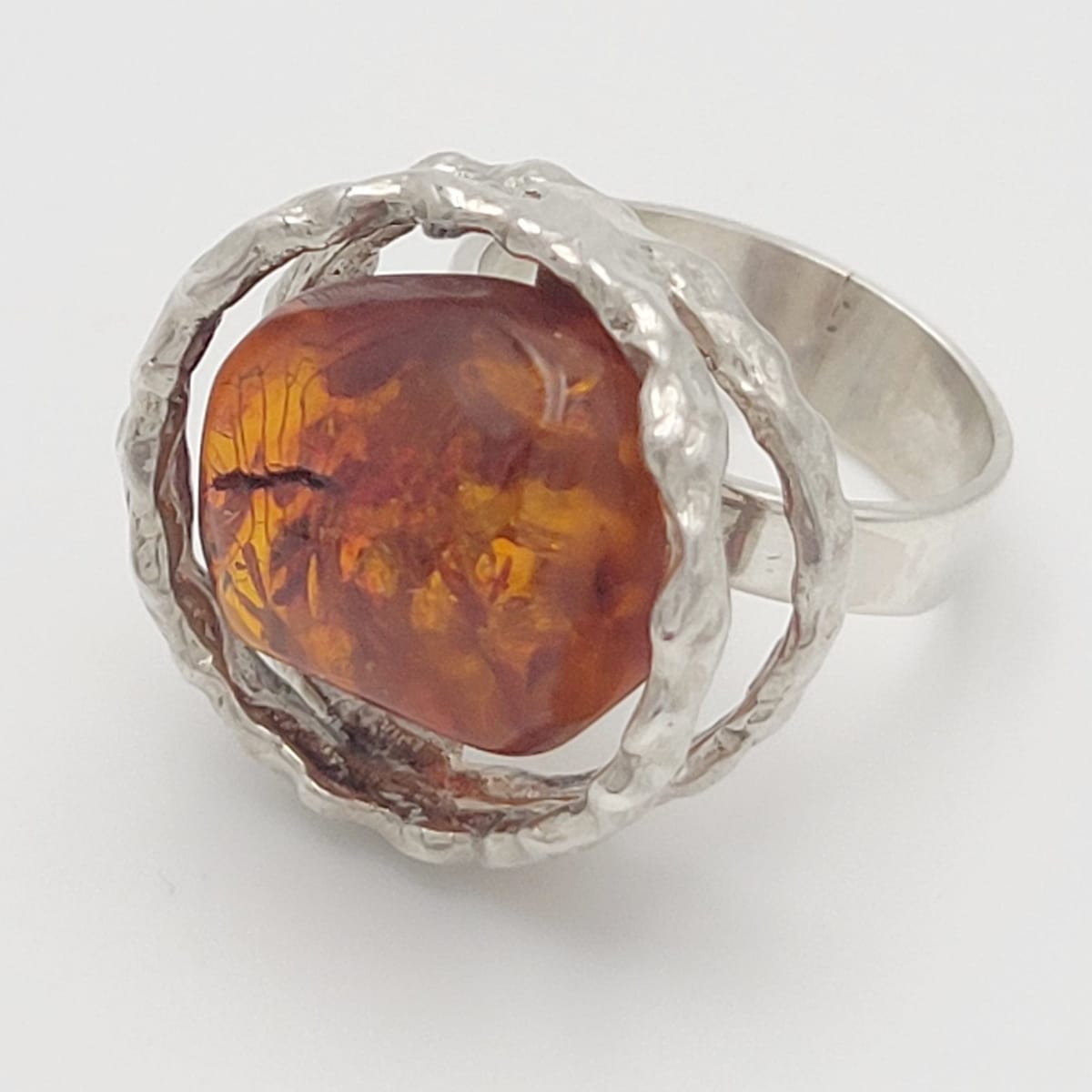 EF Denmark Jewelry Designer Sterling Silver & Amber Statement Cocktail Ring Signed 1960&