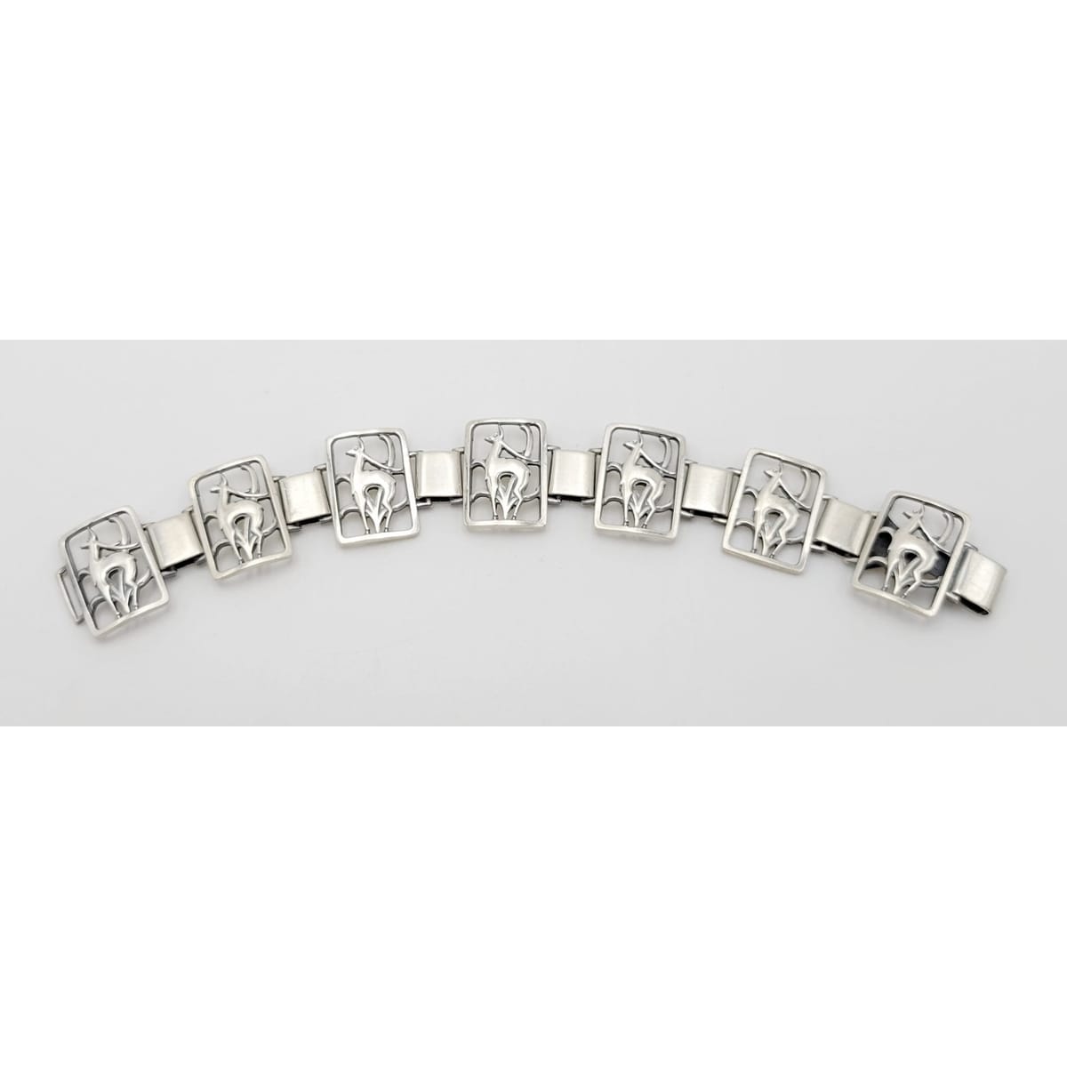 Eiler Marloe Jewelry Danish Eiler & Marloe Art Deco Leaping Deer Gazelle Sterling Panel Link Bracelet 1940s