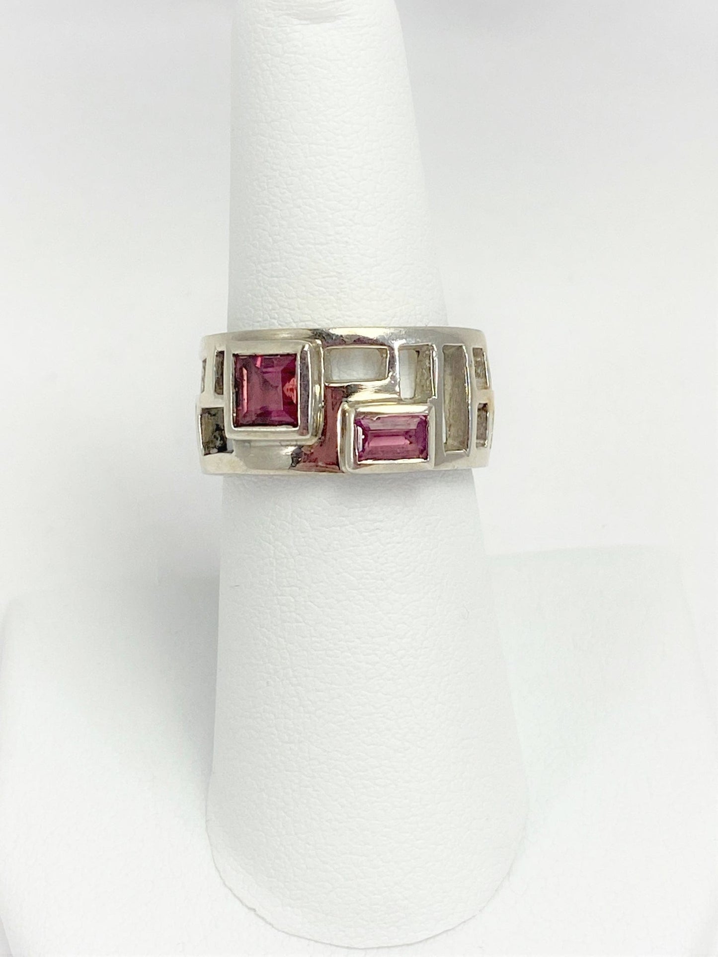 EP Sterling Jewelry Vintage Designer Sterling Silver Modernist 2 Stone Geometric Cutouts Ring Signed