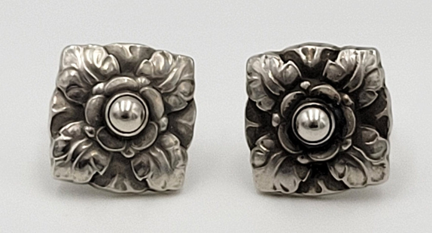 Georg Jensen Jewelry Vintage Georg Jensen Denmark Art Deco Floral Sterling Silver Earrings #87