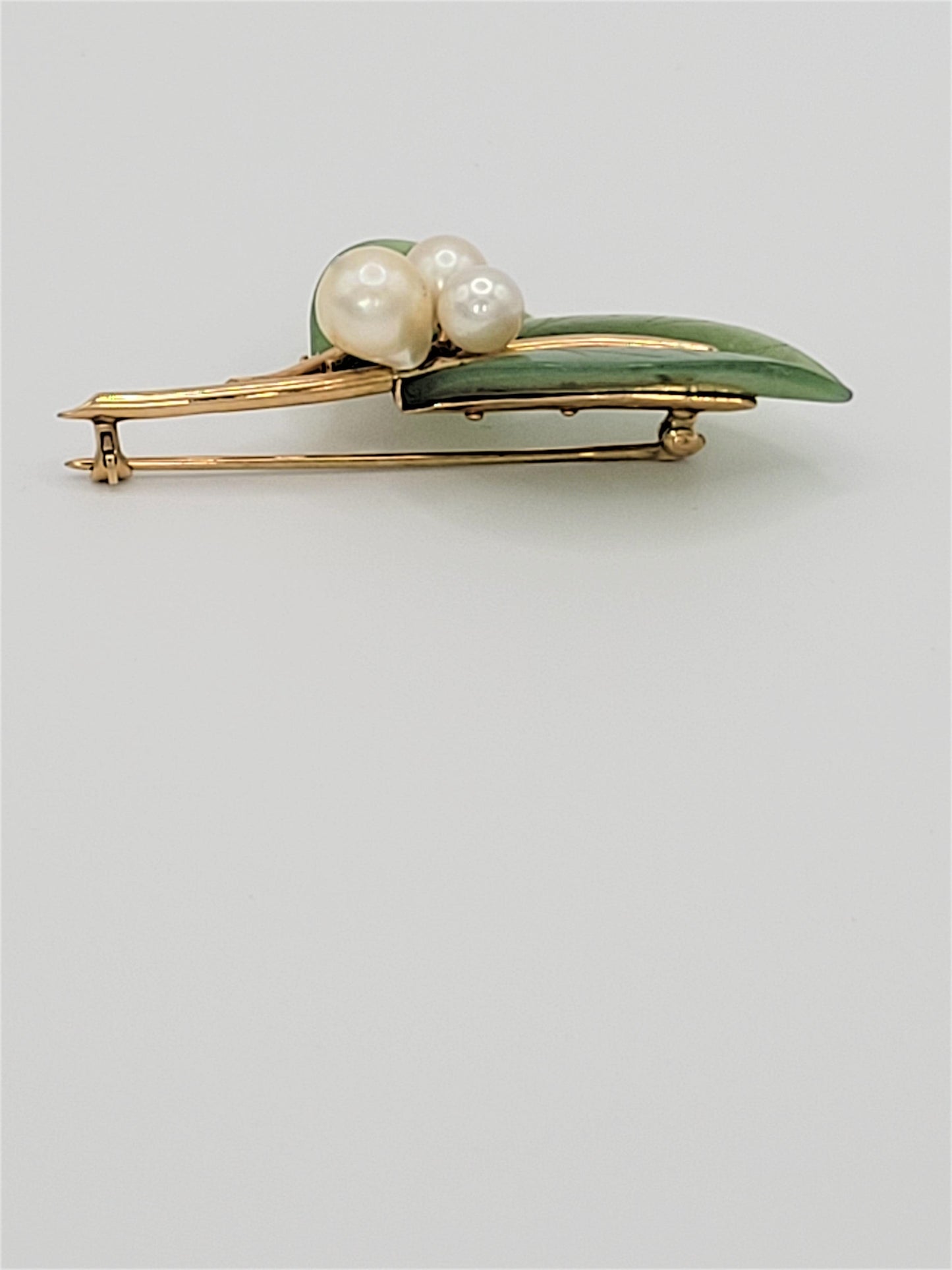 Gump's Jewelry Vintage Gumps 14k Gold Pearl Green Jade Flora Fauna Brooch RARE Mint Condition!