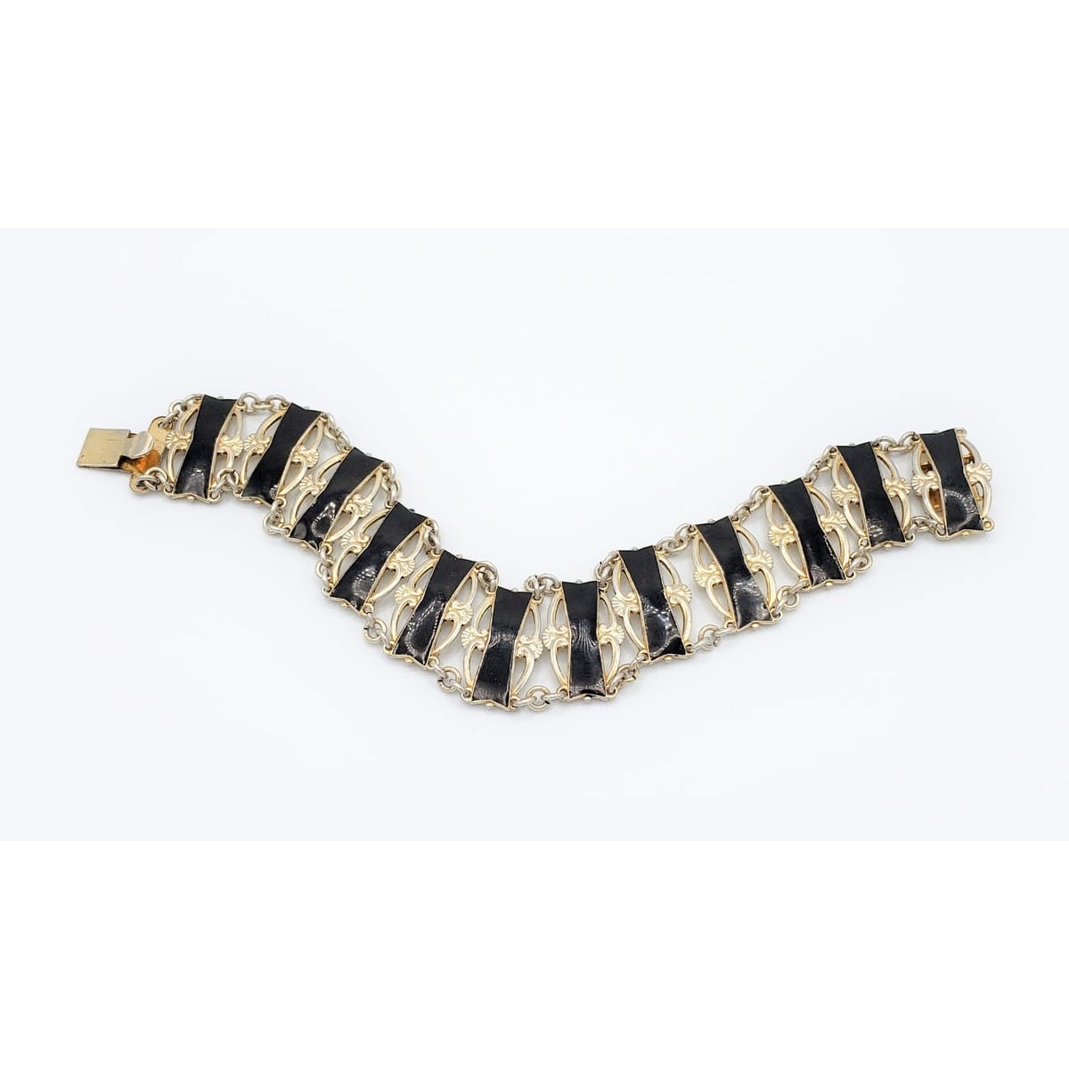 Ivar Holth Jewelry Ivar Holth Norway Sterling & Black Enamel Art Deco Panel Link Bracelet 1940s
