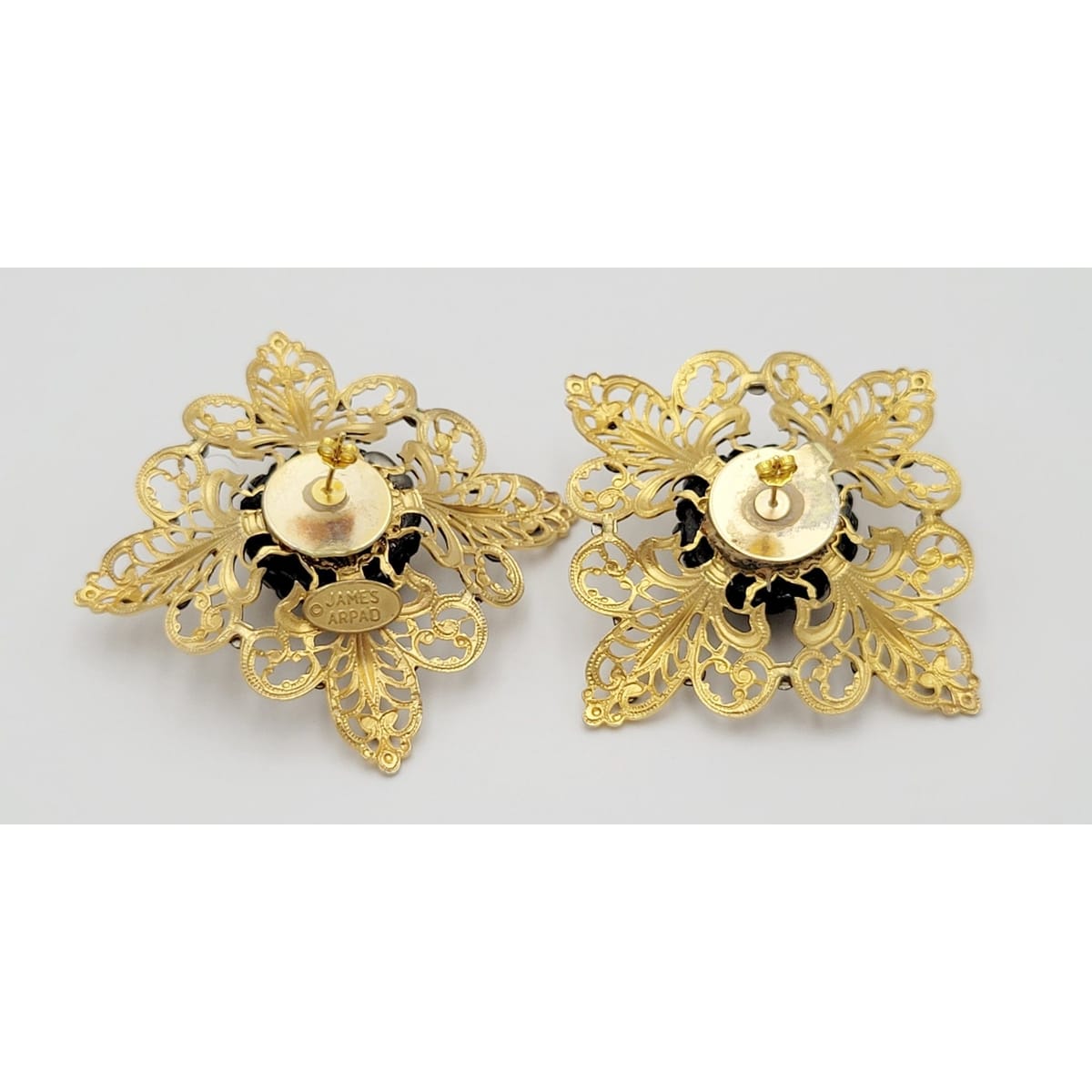 James Arpad Jewelry James Arpad France Gold & Black Crystals Flower Couture Runway Earrings 1980s