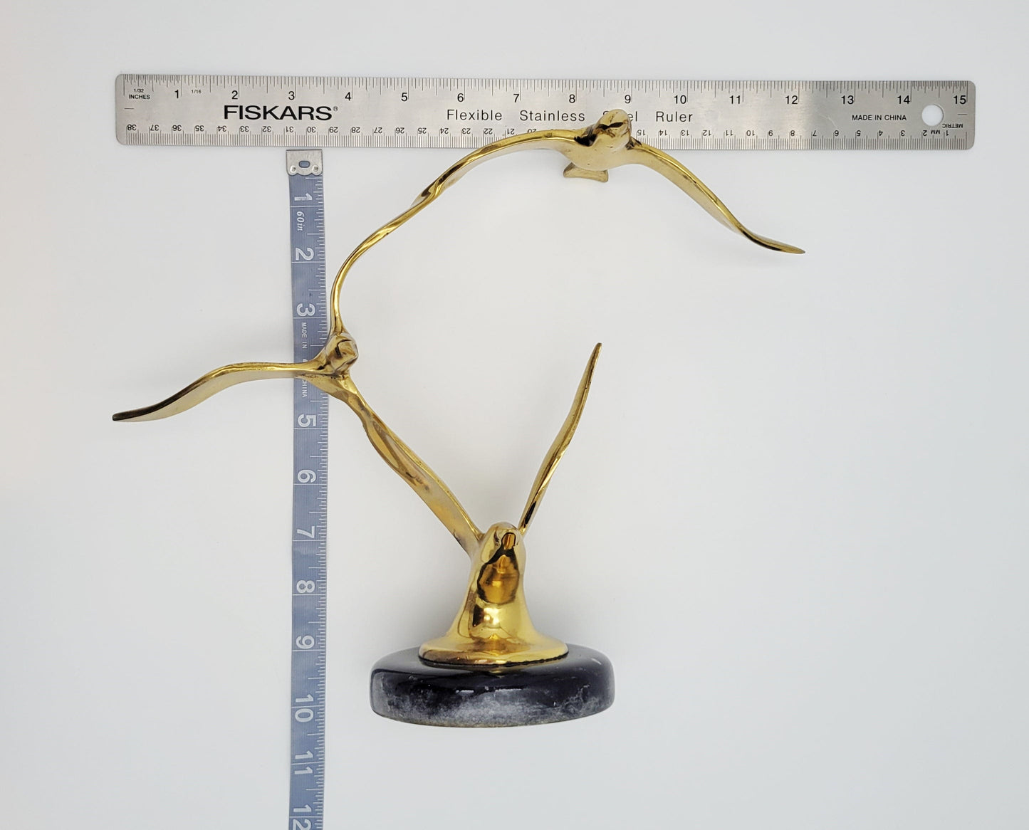 Jere Style Sculpture Sculpture Vintage Jere Style Shiny Brass Modernist Birds in Flight Sculpture Marble Base