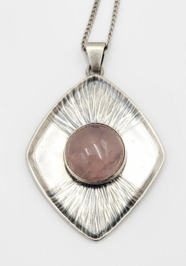 Knud Jorgensen Jewelry Vintage Danish Designer Knud Jorgensen Rose Quartz & Sterling Modernist Necklace