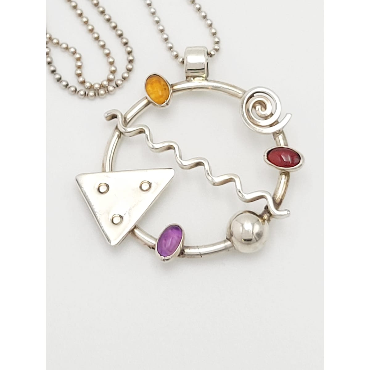 MCM Memphis Style Sterling Necklace Jewelry Artisan Signed Sterling & Stones Abstract Mod 1980&