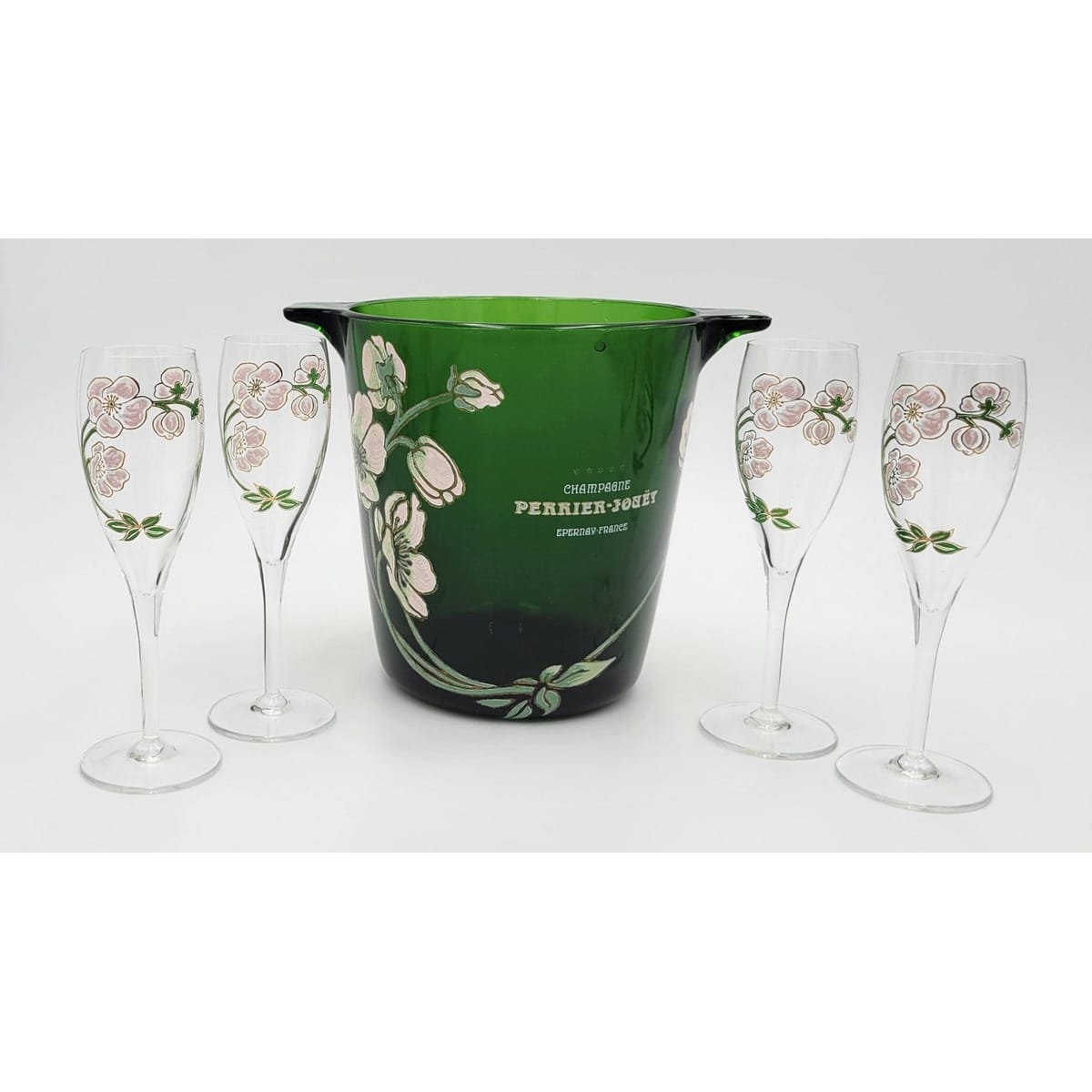 Perrier Jouet France Barware Perrier Jouet France Blown Glass Hand-Painted Champagne Chiller & Flute Set 1960s