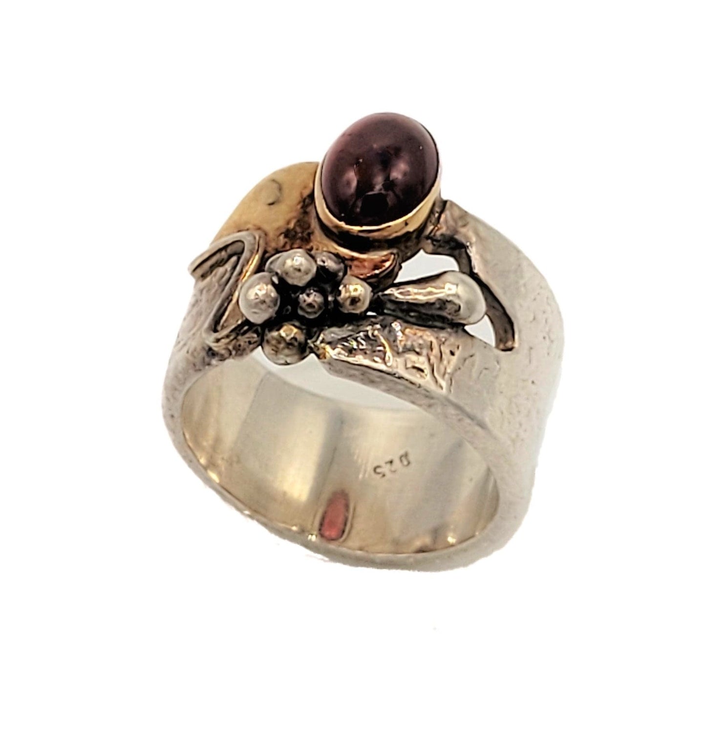 Sterling Jewelry Vintage Designer 2 Tone Sterling Silver & Red Carnelian Abstract Modernist Ring