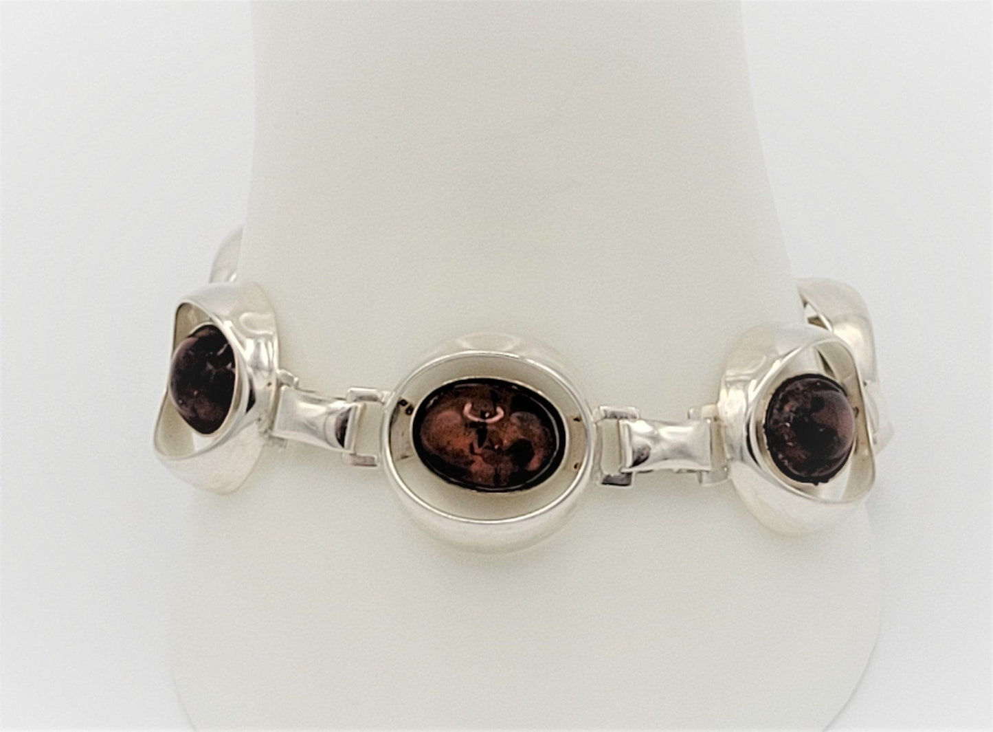 Sweden Sterling Jewelry Vintage 835 Sterling Silver & Amber Cabochon 3-D Modernist Swedish Bracelet