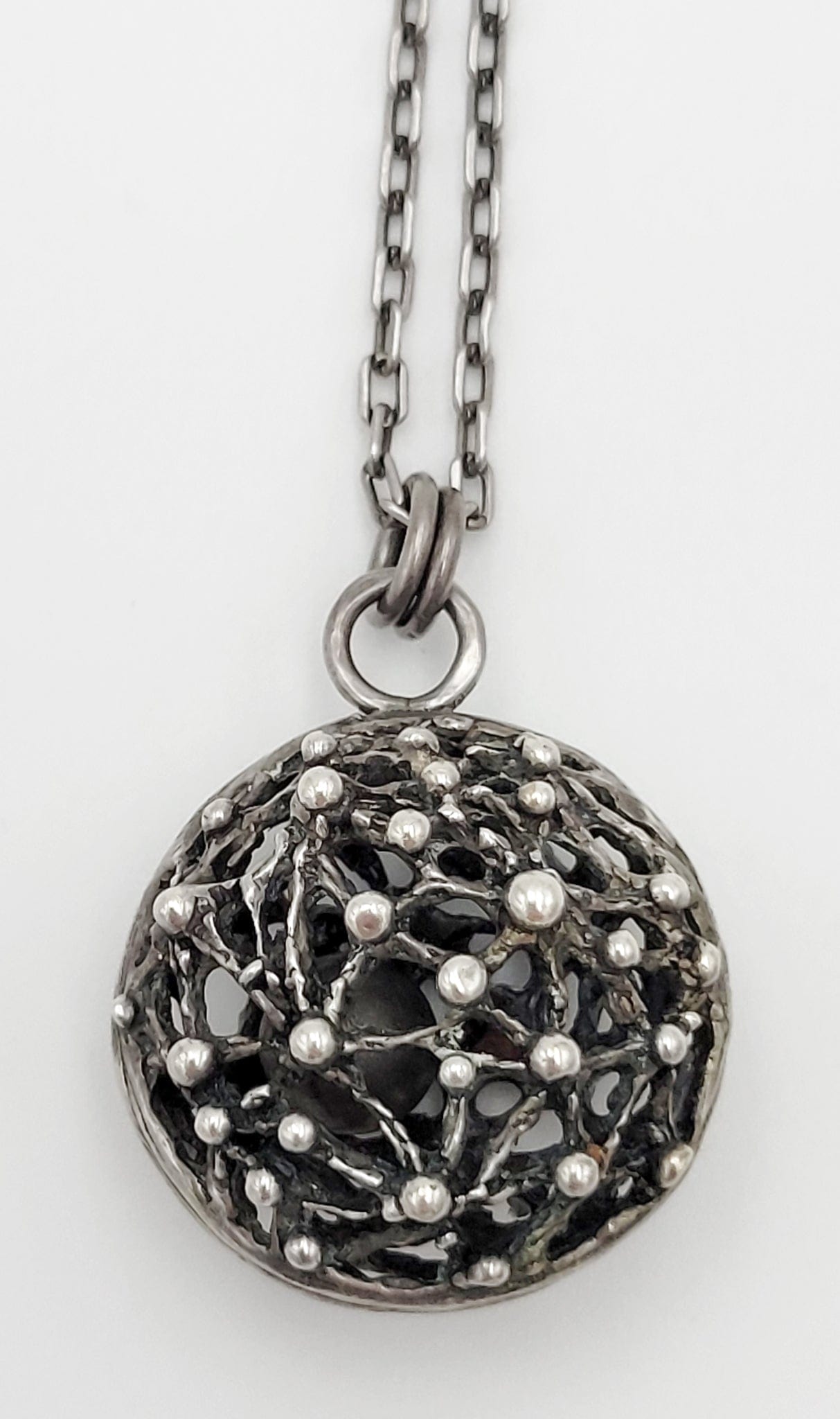 Heribert Engelbert Jewelry Swedish AB Heribert Engelbert Brutalist 3D Orb w/ Bell Sterling Necklace Circa 1969