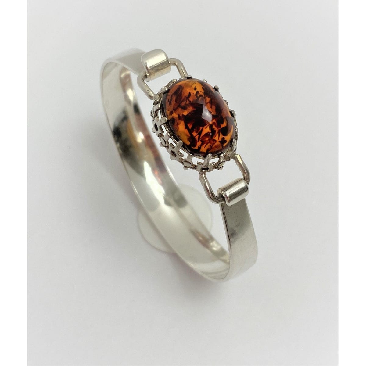 Swedish Silver Jewelry VNTG Scandinavian Sweden 835 Sterling & Amber Top Latch Bangle Bracelet 40s-50s