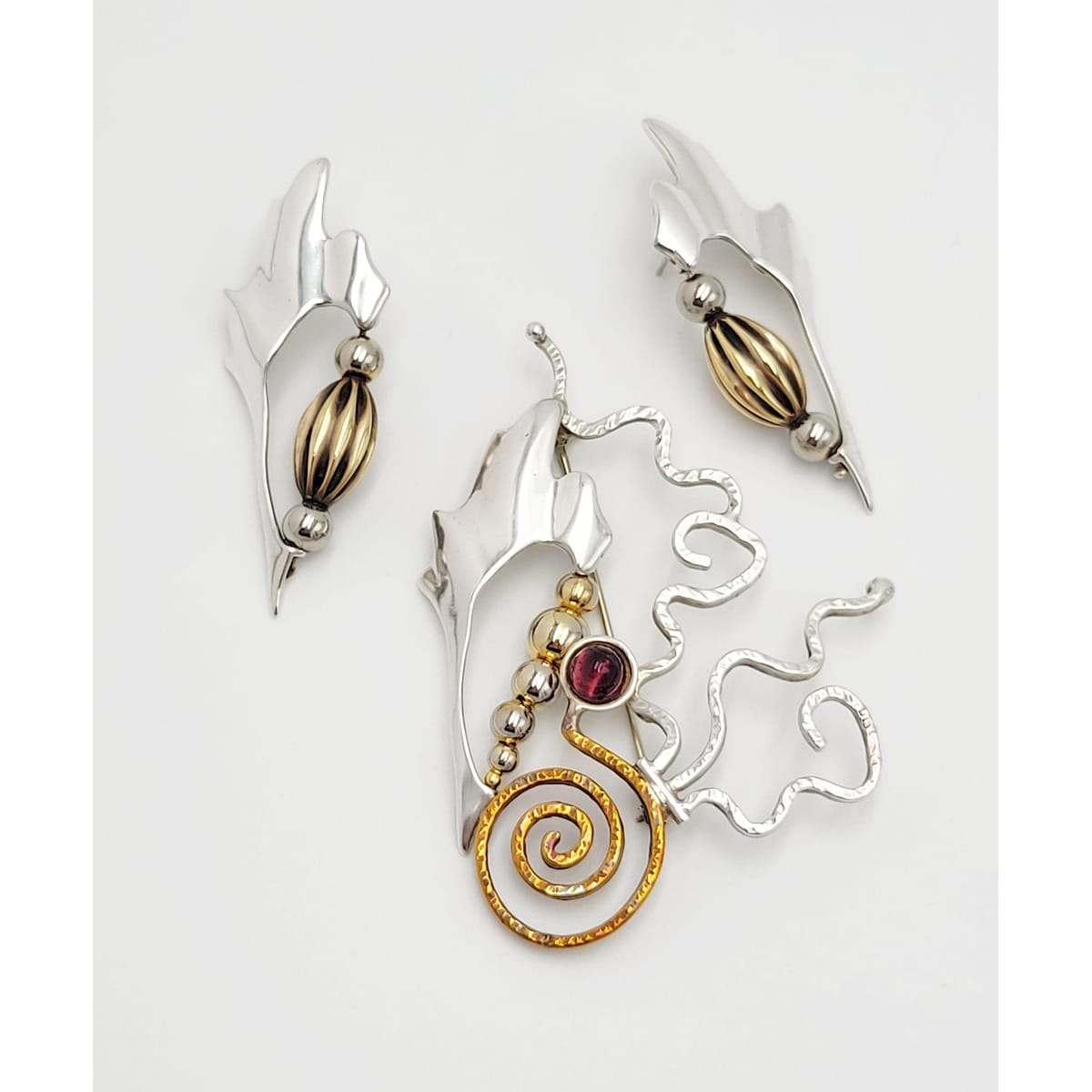 VB Sterling Jewelry Artisan VB Abstract Sterling Mixed Metal & Glass XL Brooch Earrings Set 80/90s