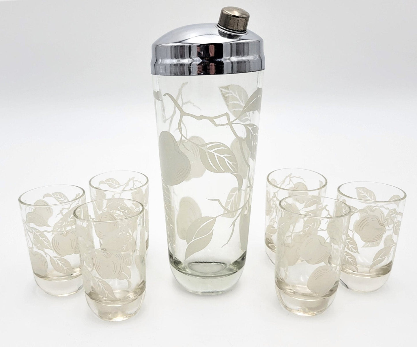 Vintage Barware Barware Vintage Lead Crystal Apples Leaves Martini Shaker w/ Matching Glassware Set '50s