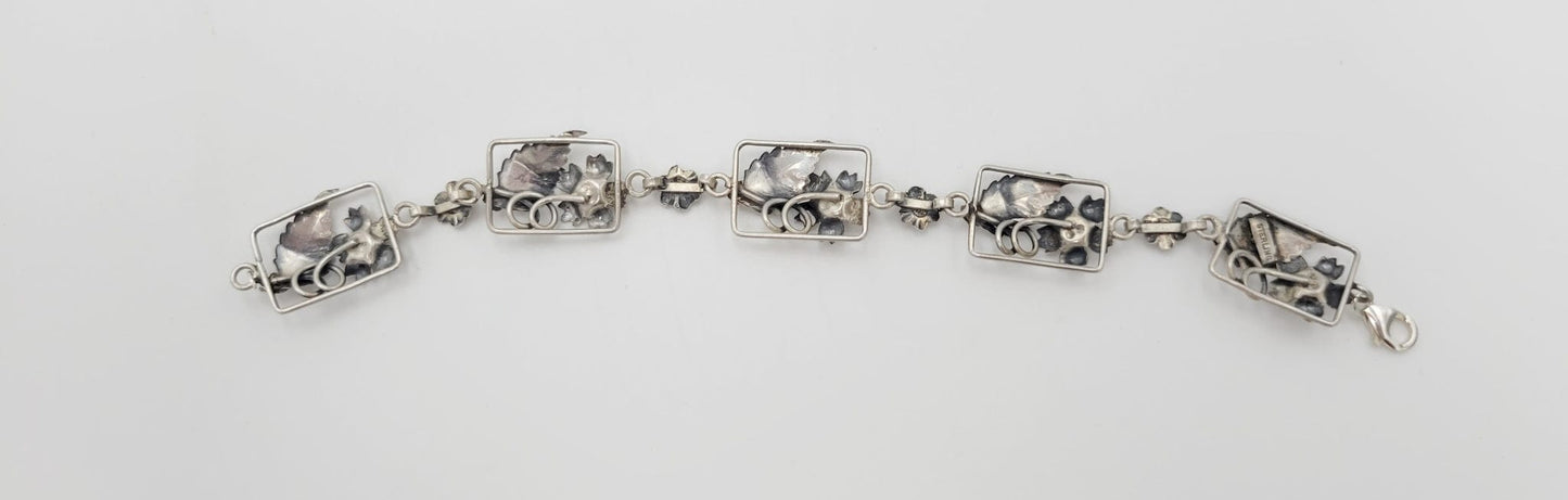 Vintage Sterling Bracelet Jewelry Art Deco Raised Relief Flora Fauna Sterling Silver Panel Links Bracelet 40/50s