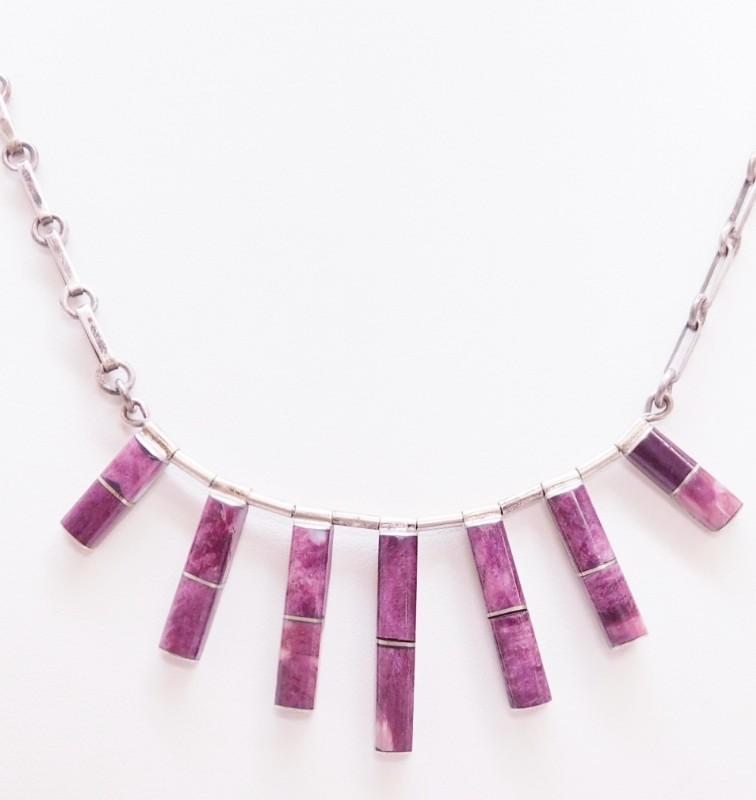 Zuni Jewelry Vintage Zuni 950 Sterling Silver & Purple Agate Modernist Fringe Necklace Signed