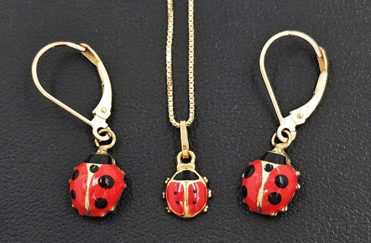 14k Gold Jewelry Designer 14KT & Guilloche Enamel Ladybug Necklace & Earrings Demi Parure Set