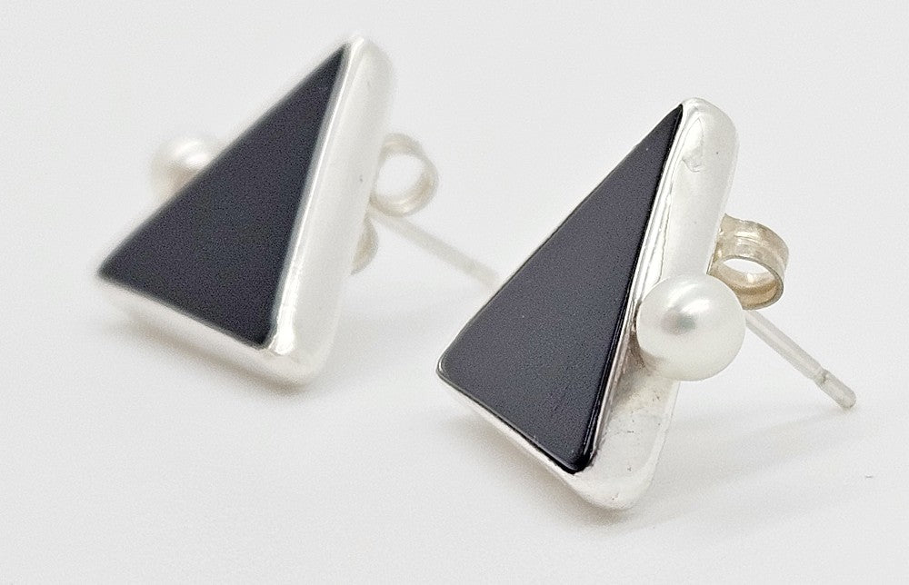 Iconic Designer Ed Levin Modernist Onyx & Pearl Sterling Silver Earrings 1980s