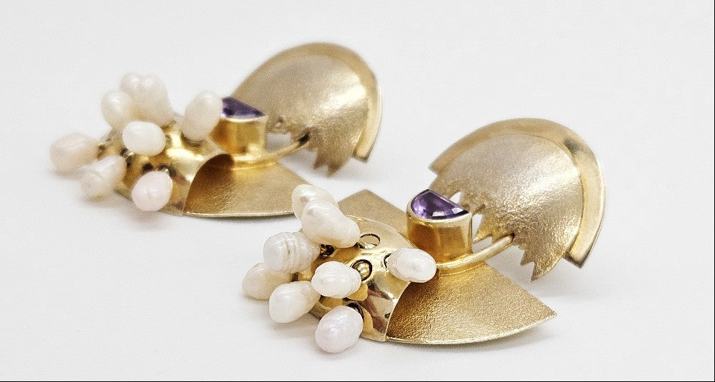 Artisan Abstract Modernist Amethyst + Pearl Gold Sterling Drop Dangle Earrings